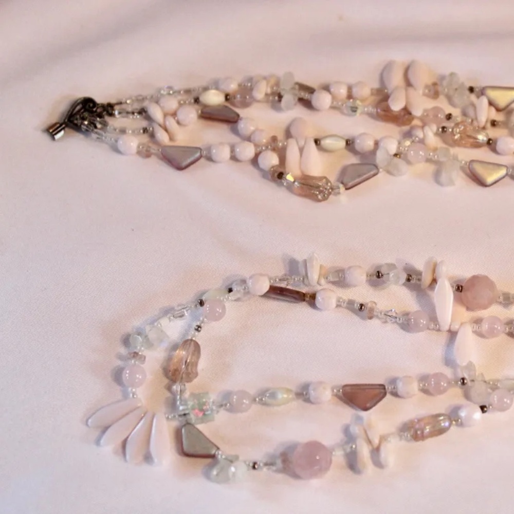 Handbeaded Double Strand Necklace, Mixed beads in Whites and Pale Pinks